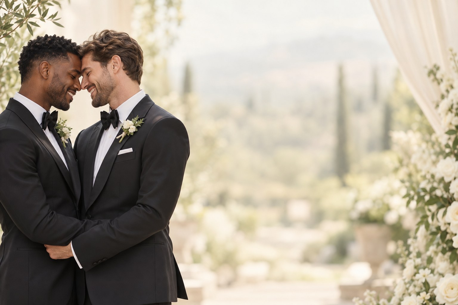 Two grooms sharing a joyful moment on their wedding day